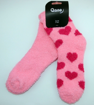 Kuschelsocken Qano dick, wärmend & weich "Herzen & uni" 15cm hoch Gr. 35/38 & 39/42 im 2er Pack