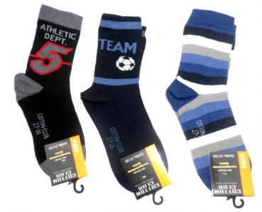 Jungensocken "Cotton Club" Fußball/Zahl/Streifen" Gr. 23/26 & 27/30 im 3er Pack ohne Naht