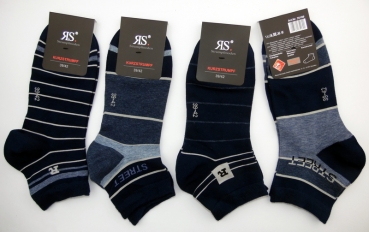 Kurzschaftsocken 8cm hoch "blautöne mit Streifen" Gr. 39/42 & 43/46 im 3er Pack gekettelt