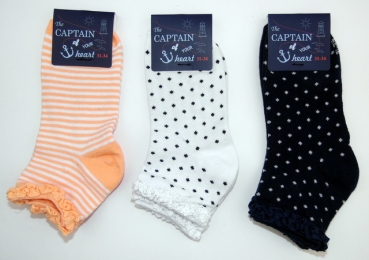 Kurzschaftsocken mit Spitze am Bündchen "3 Farben" 7cm hoch Gr. 23/26 bis 35/38 im 3er Pack