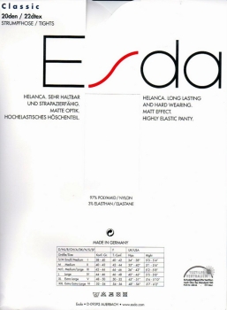 Feinstrumpfhose 20 den "ESDA Classic" ohne Zwickel Gr 38/40, 42/44, 46/48 bis 42/54 Abverkauf