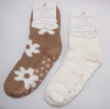 ABS Kuschelsocken mit Stoppernoppen super weich "Blumenmuster & uni" Gr. 35/38 & 39/42 im 2er Pack