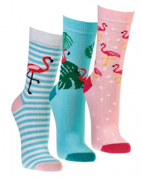 Damensocken mit Softrand Flamingo oder Blumen Gr. 35/38 & 39/42 im 3er Pack gekettelte Spitze