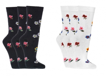 Damensocken mit Softrand Flamingo oder Blumen Gr. 35/38 & 39/42 im 3er Pack gekettelte Spitze