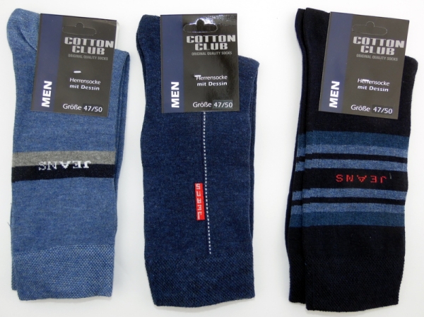 Anzugsocken"Jeansmuster" Cotton club im 3er Pack Gr. 39/42 bis 47/50 gekettelt mit Gummiruck